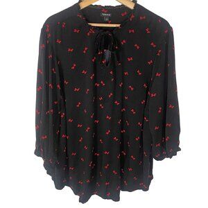 Torrid Bow Print Peasant Blouse Top Women 3 (3X) Black Lightweight Tie Flowy